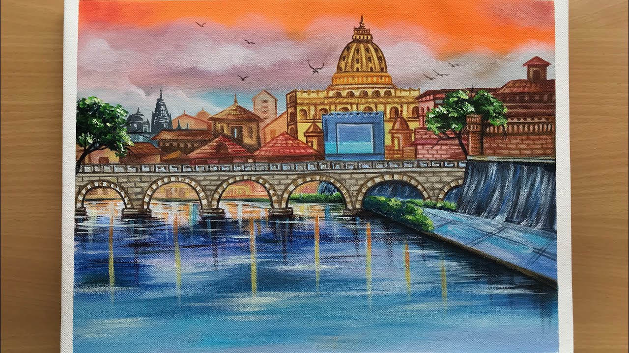 Daily Challenge #39 Rome Landscape / Acrylic Painting / Arch Bridge Painting