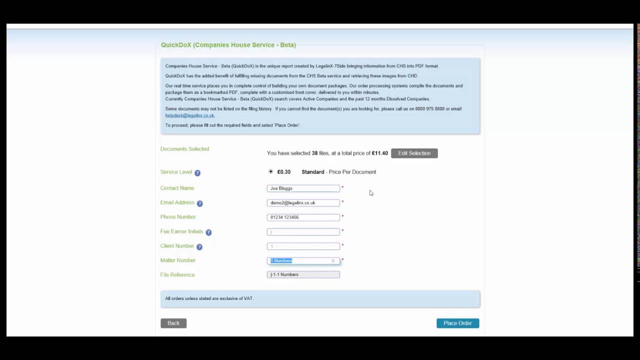 Ordering QuickDoX - Companies House Filing History Documents