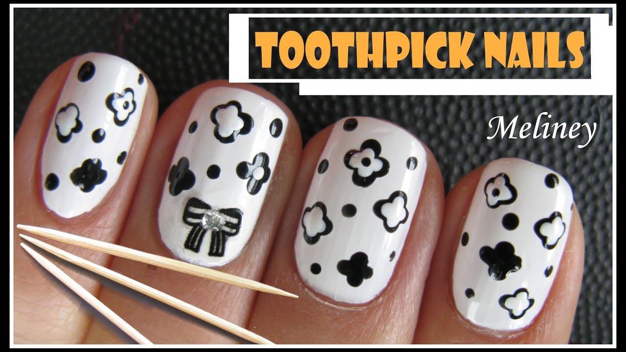 TOOTHPICK NAILS | EASY BLACK & WHITE FLOWER NAIL ART DESIGN USING DOTTING TOOLS DIY BEGINNERS HOW TO