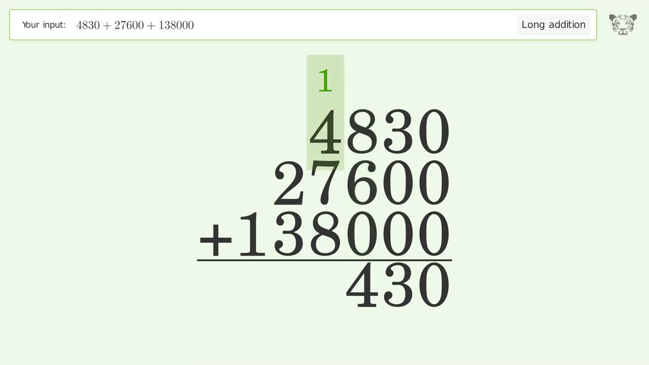 Long addition: Solve 4830+27600+138000 step-by-step solution