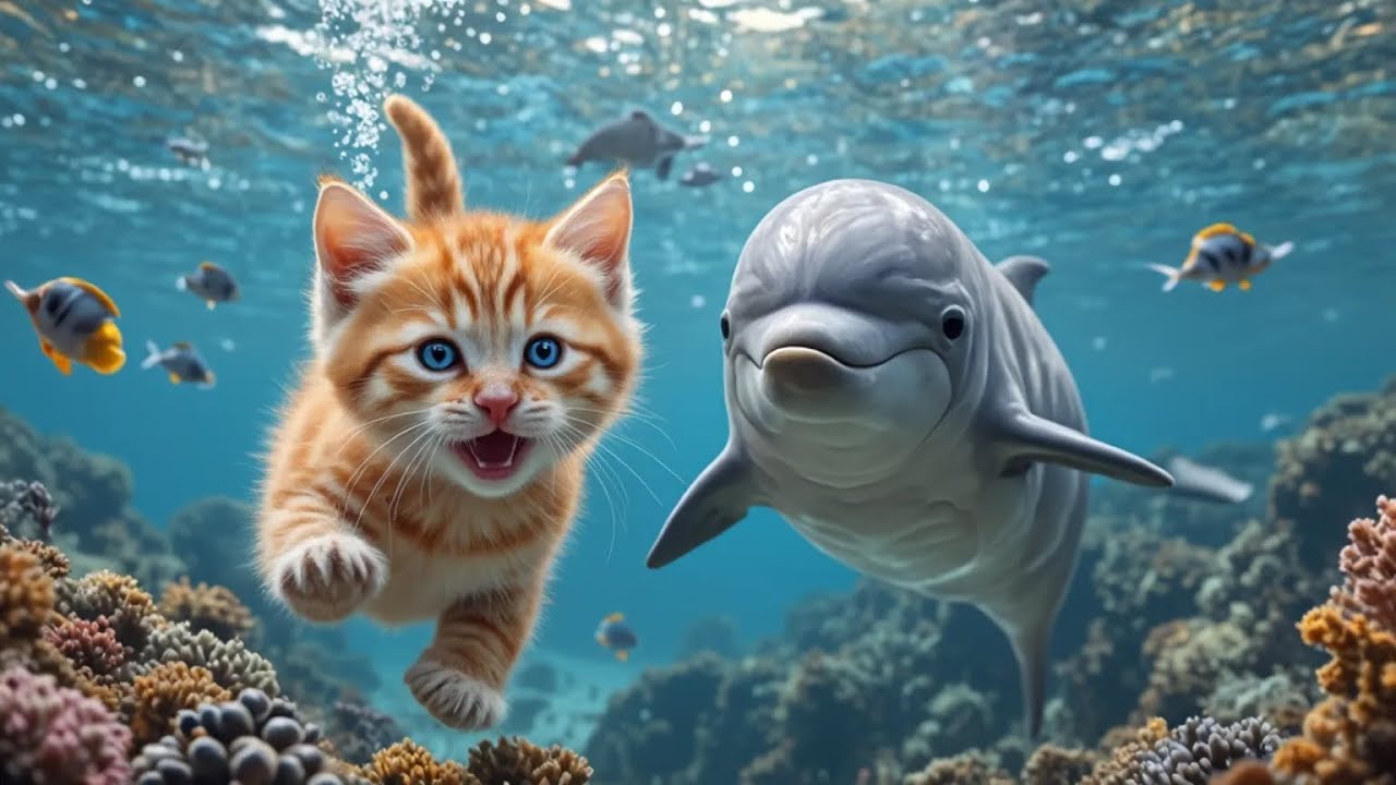 Kitten Saves Baby Dolphin from Net | Heartwarming Ocean Adventure! 🐱🐬 #Cat #Cute #Ai #Viral #funny