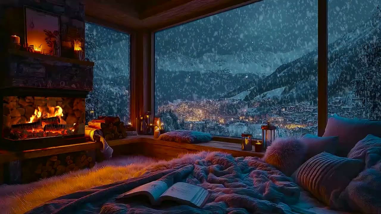 Warm Winter Cabin Night with Soft Snow Sounds and Fireplace Ambience for Deep Sleep & Focus