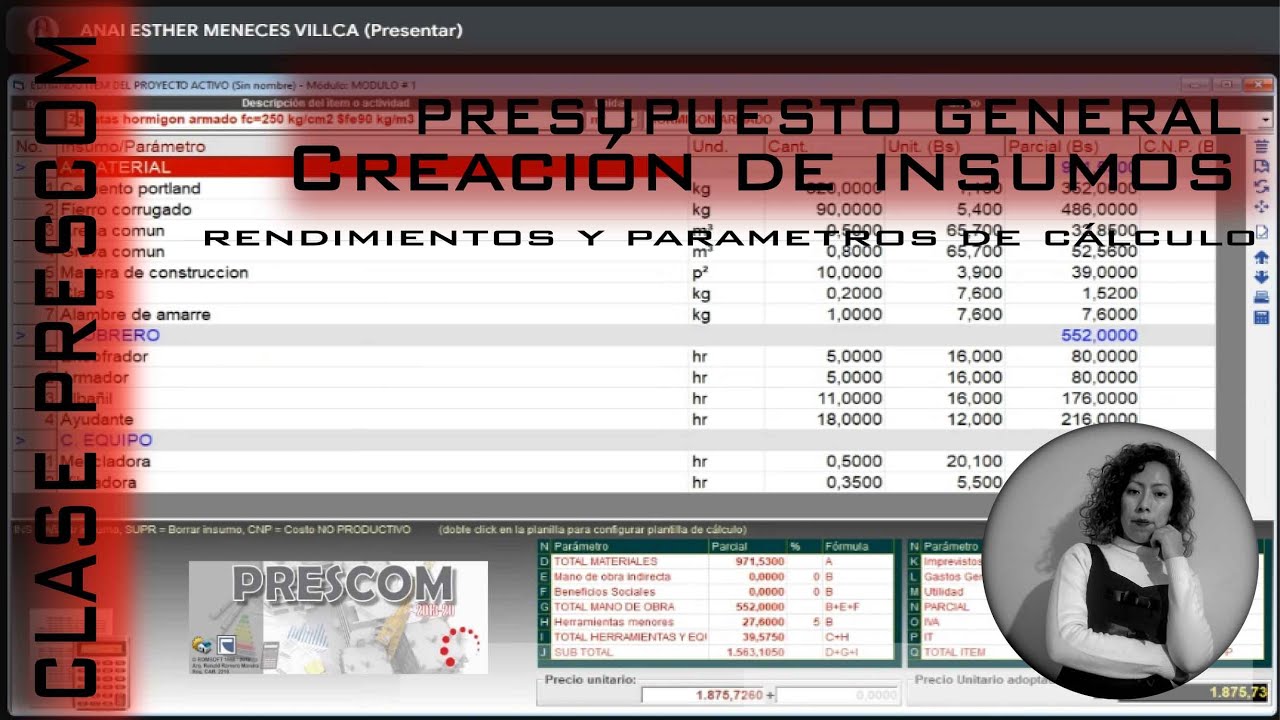 PRESCOM: Creación de Insumos, Reportajes,  Rendimientos y Configuración de Parámetros de Cálculo