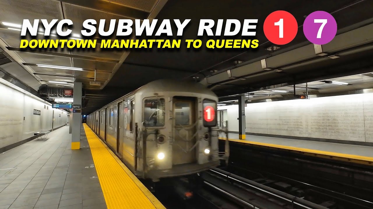 NYC Late Night Subway Ride from Downtown Manhattan WTC to Queensboro Plaza Queens 1 & 7 Train Ride