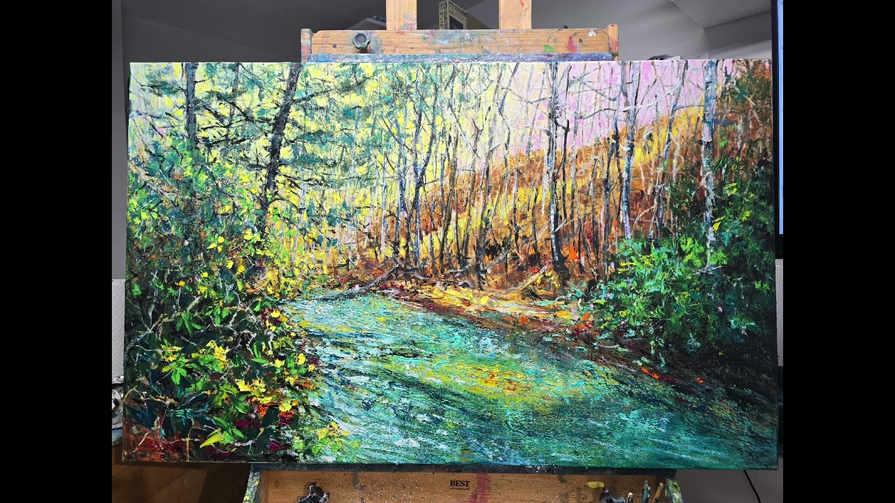 Painting a creek landscape with a palette knife on canvas using oil paints. Watch and learn.