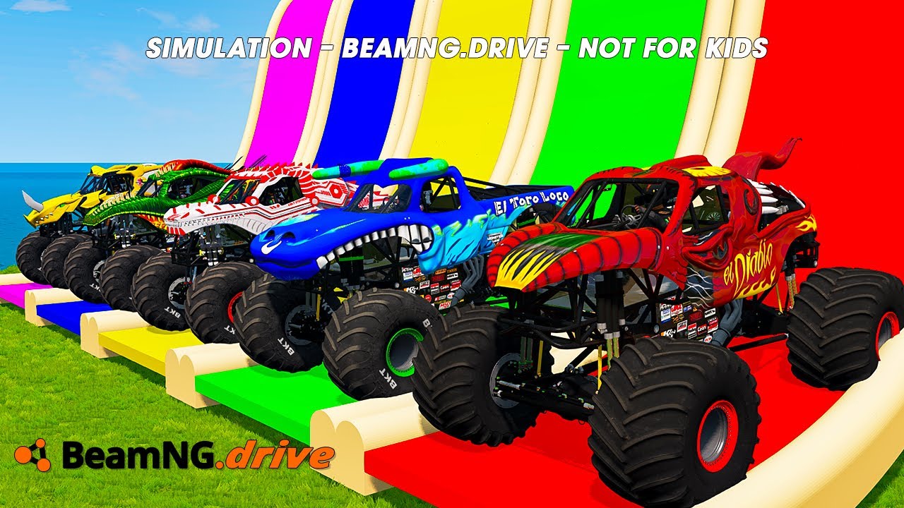 5 MONSTER TRUCKS vs GIANT COLOR WATER SLIDE #023 in BeamNG.Drive