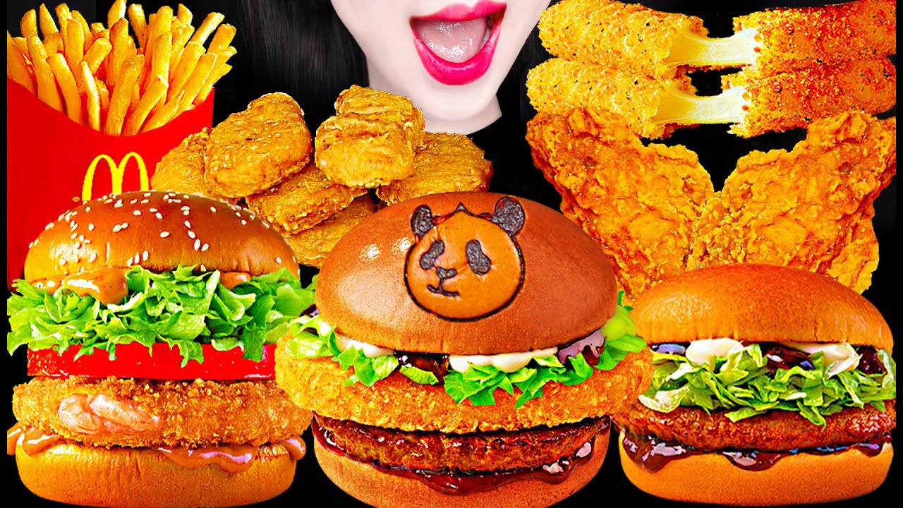 ASMR McDonald's Burger, Chicken Nugget, Mozzarella Cheese Stick 푸바오 버거 치즈 스틱 치킨 너겟 먹방 Mukbang Eating