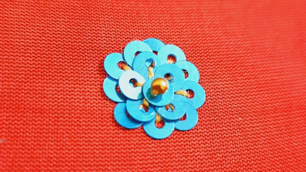 sequence flower motif with normal needle/sequence flower design for beginners/chamki work
