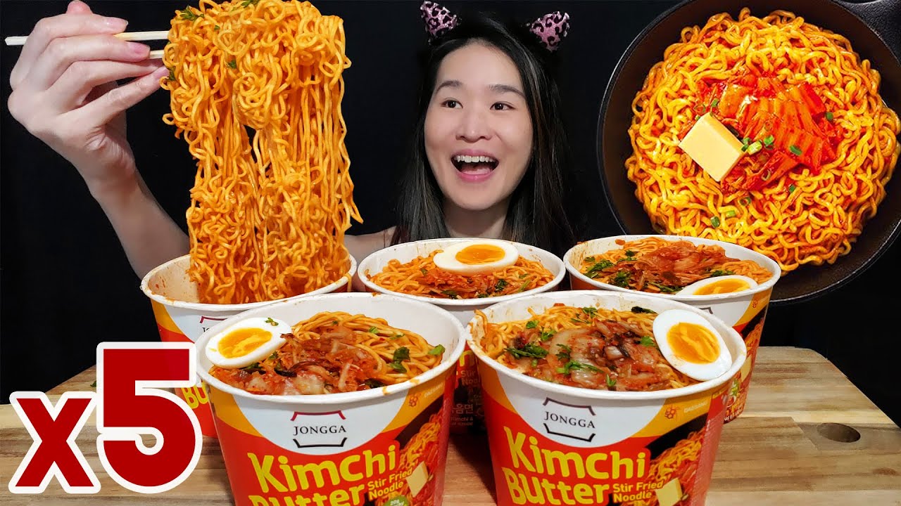 KIMCHI BUTTER RAMEN! Eating 5 Cups of Jongga's Kimchi Butter Spicy Noodles! Recipe & Mukbang ASMR