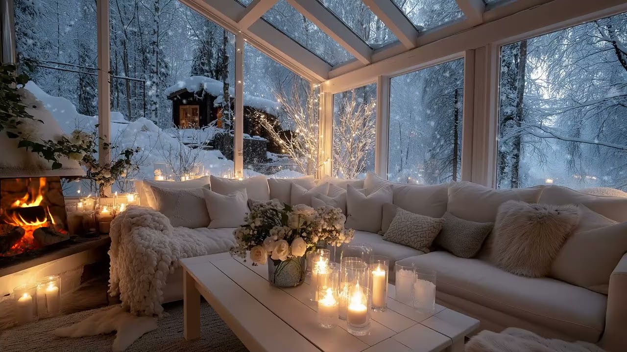 🕯️White Lounge Candle Piano | 3 Hours Soft Piano with Flowers & Snow | Calm Relax Study Work Healing