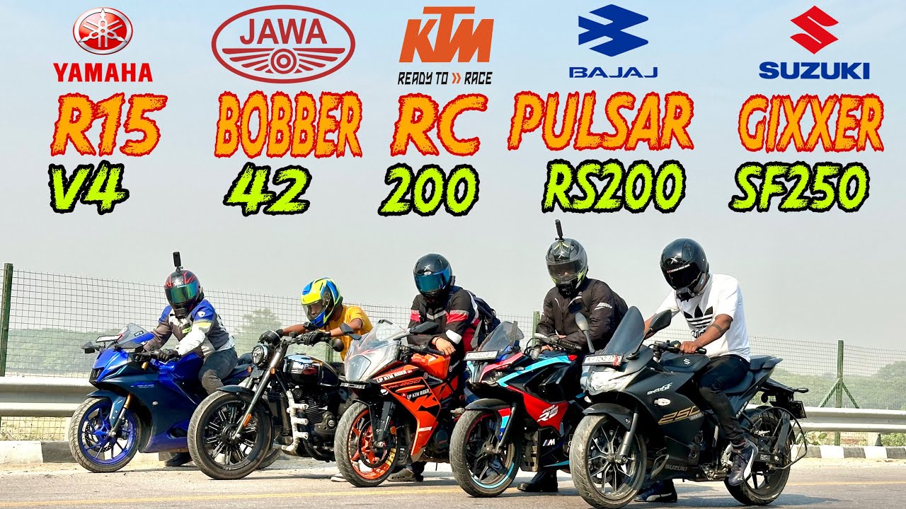 Jawa Bobber 42 vs Pulsar RS 200 vs KTM RC200 vs Gixxer SF 250 vs R15 V4 || Drag Race || Penta Battle
