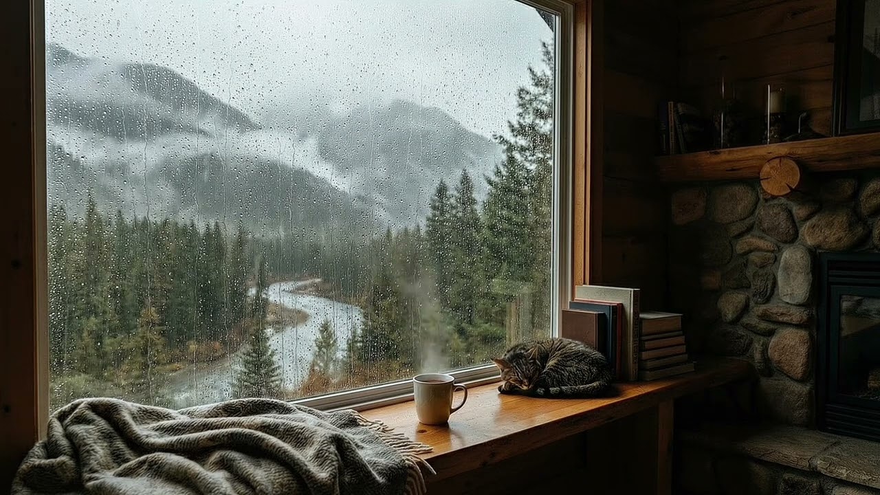 Rainy Mountain Morning | Cozy Cabin Ambience with River View
