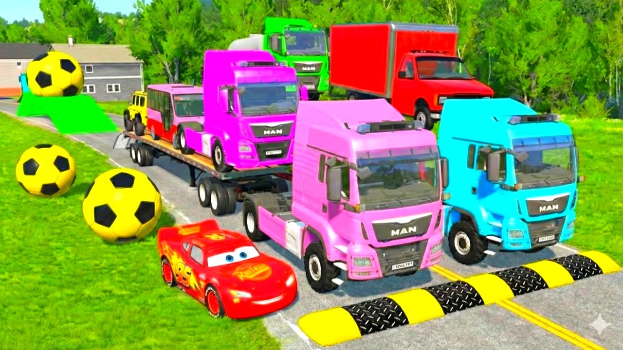 Flatbed Trailer Cars Transportation with Truck - Speedbumps vs Cars vs Train - BeamNG.Drive 