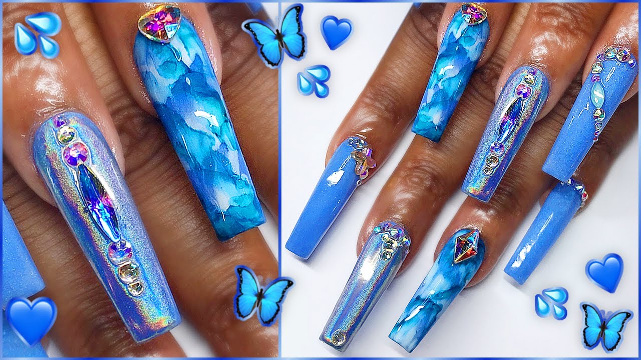 Blue Alcohol Ink Marble & Holo Chrome Coffin Bling Full Set💎🦄😍