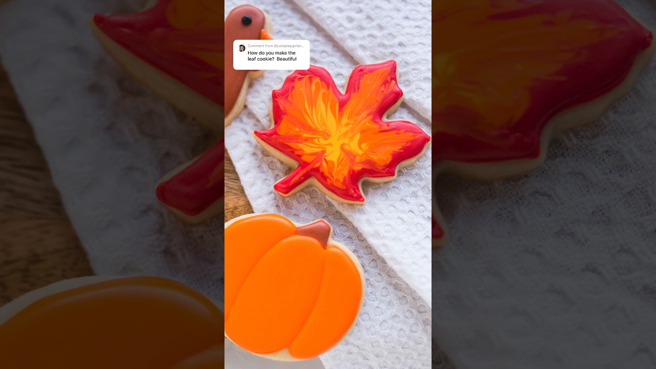 Leaf cookie made with a wet on wet royal icing technique 