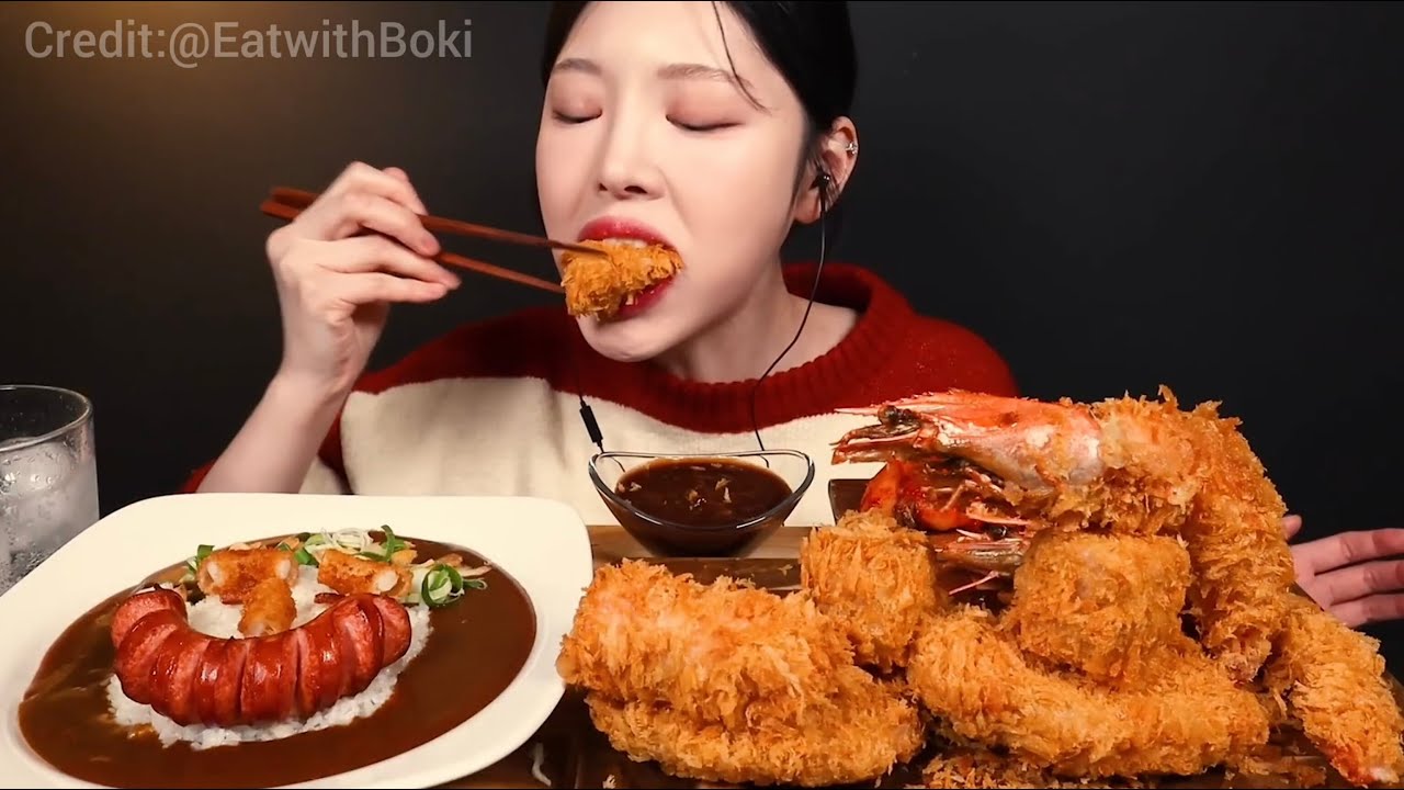 mukbang fried shrimp tonkatsu kare sausage &  spicy kimchi big bites compilation voll 16