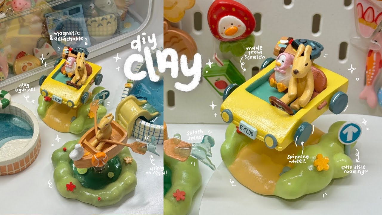 making cute clay figurines🚗🧺💐 using air dry clay/no bake