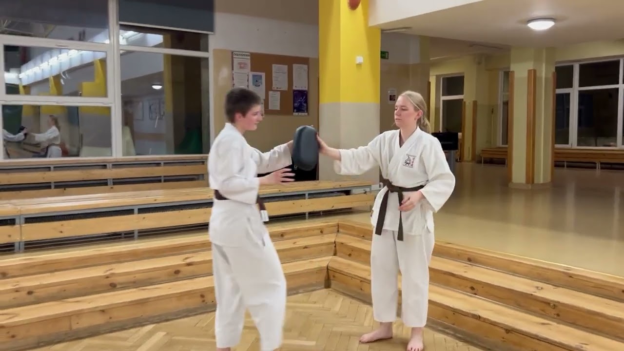 trening tarczowania w ruchu  kizami tsuki, gyaku tsuki , uramawashi geri  2