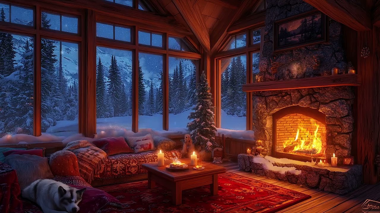 🔥 Warm Fireplace in a Mountain Cabin ❄️ Snowfall Winter Night Ambience for Deep Calm & Relaxation
