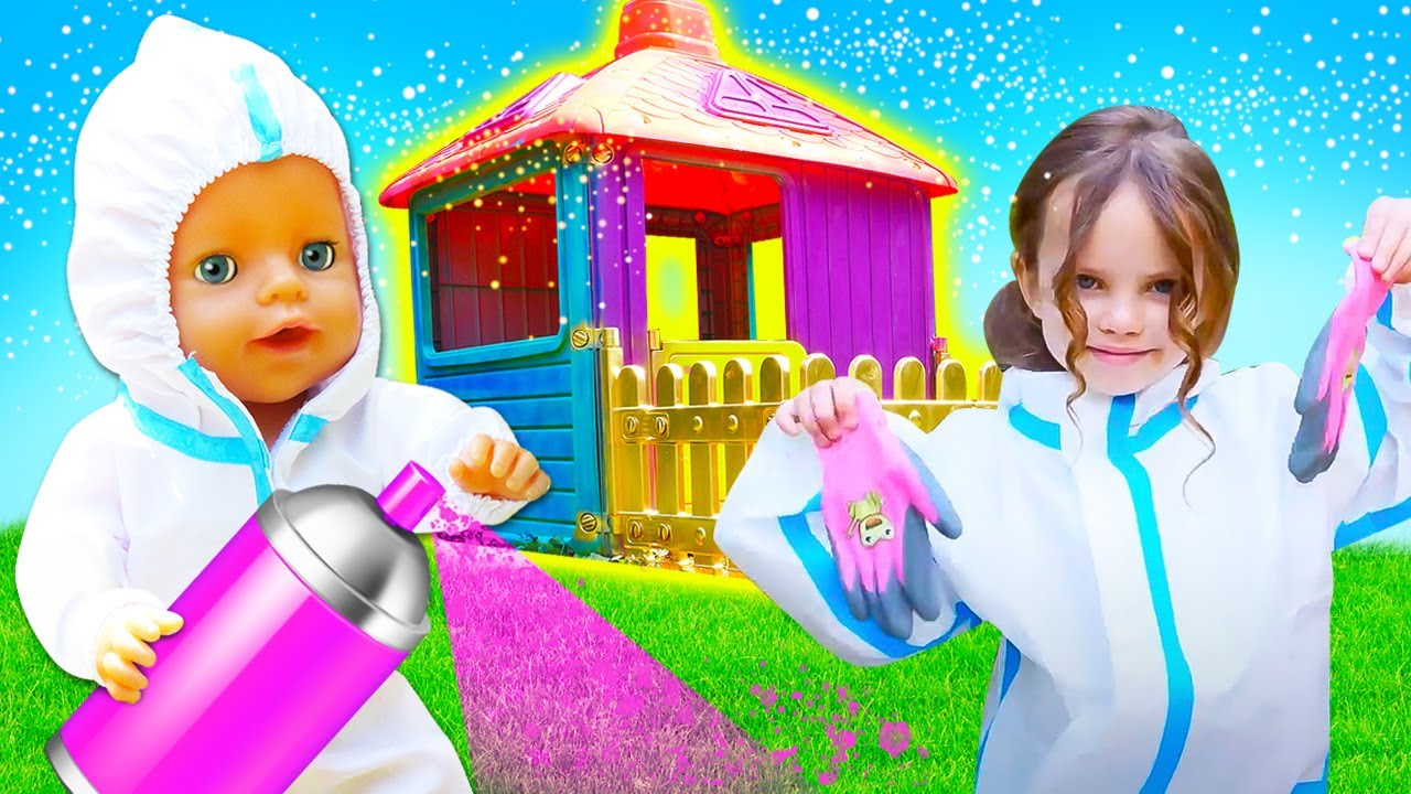 A princess castle for Maya and Lina! The baby doll and kids paint a princess house with mom.