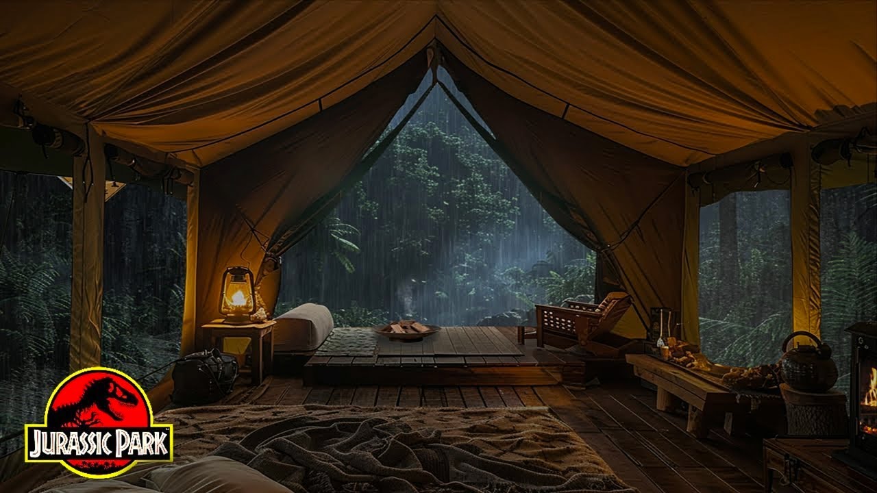 Jurassic Park Ambience | Camping in Forest with Rain on Tent Sound, Dinosaur Rampage | Sleep Well