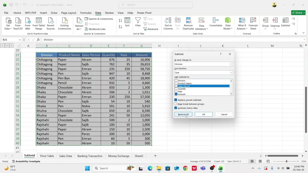 10. Subtotal and Pivot Table in Excel