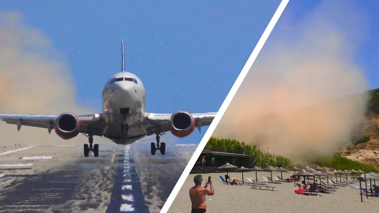 Boeing 737 leaves Beach Guests in Dust Cloud! POWERFUL Takeoff at Skiathos