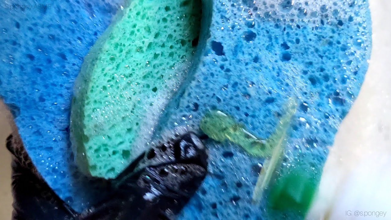 ASMR Sponge 🧽 Soapy Squeezing and Ripping USED Cellulose Kitchen Sponges 🧽 Wash Your Dishes Collab