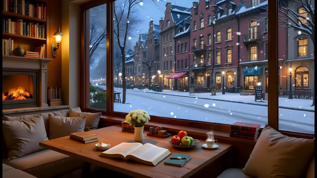 Winter Ambience ❄️ Cozy Coffee Shop With Smooth Piano Jazz & Fireplace Sounds for Study, Work