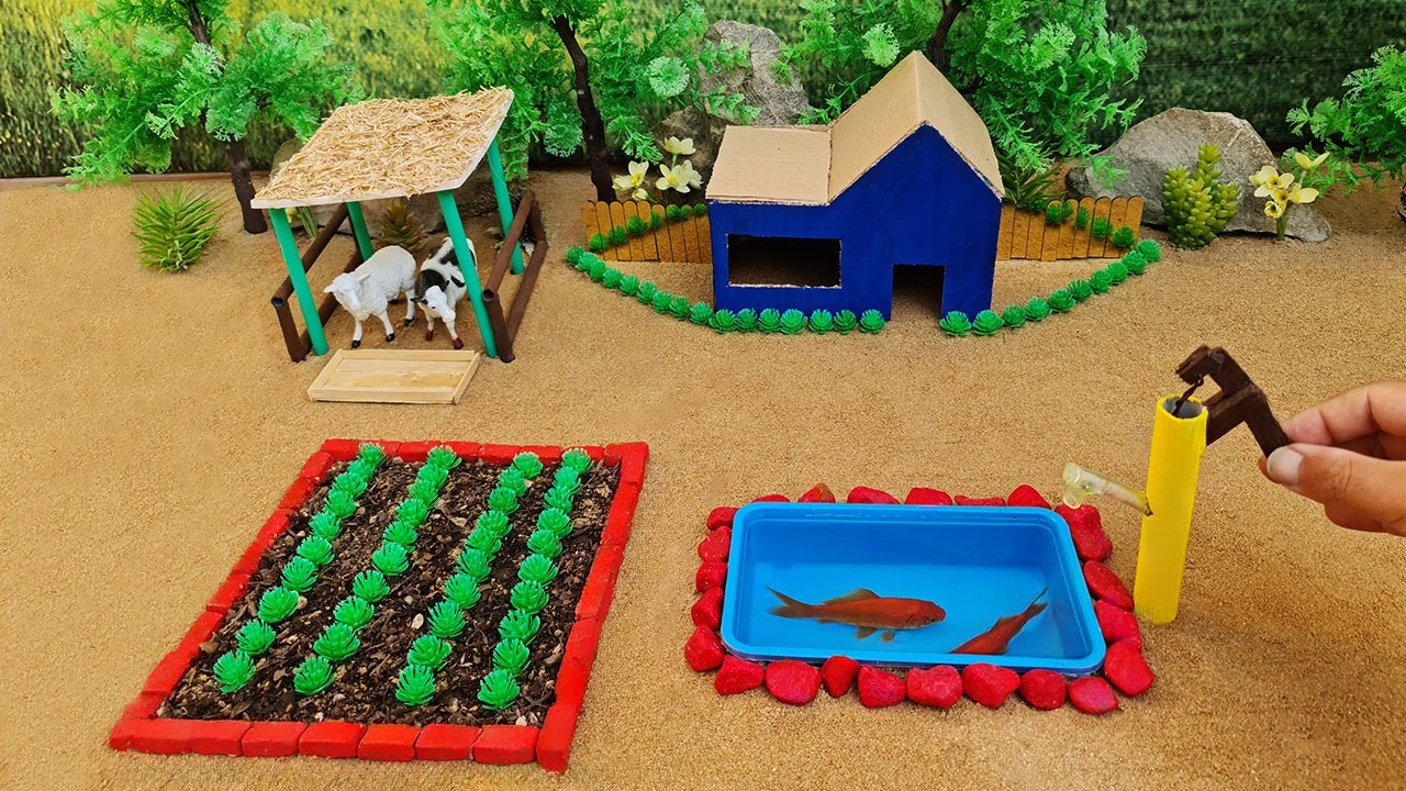 DIY Making Cattle farm with mini house for cow, animals |cow shed - woodworking | diy mini hand pump