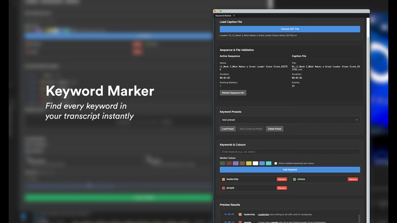 Better Keyword Search for Adobe Premiere Pro - Plugin