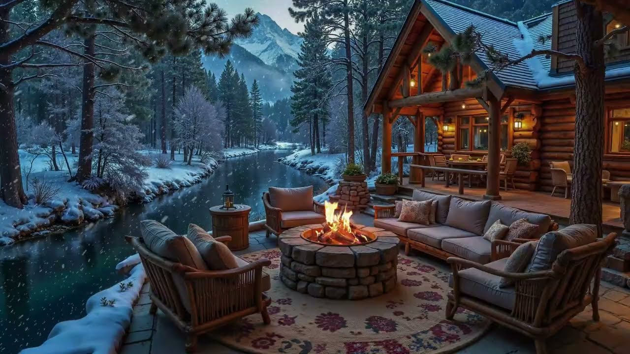 Winter Riverside Porch Ambience ❄️ Soft Piano Melodies & Fire Crackles for Deep Relaxation