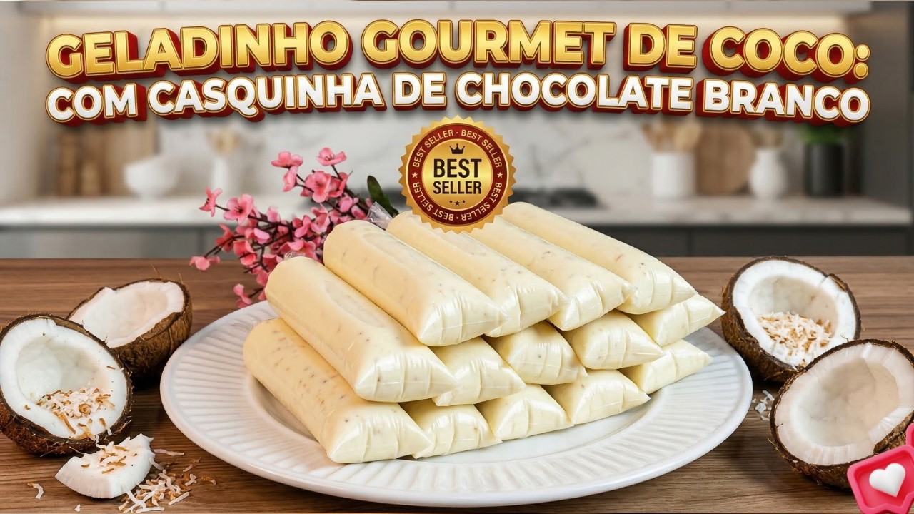 GELADINHO GOURMET DE COCO COM CASQUINHA DE CHOCOLATE BRANCO 🥥🤍