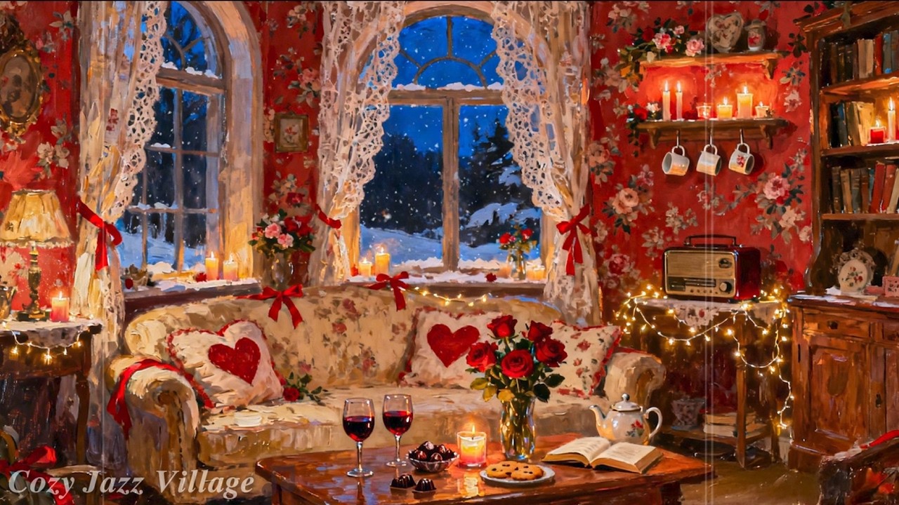 Cozy Winter Night Jazz ❄️ Vintage Room, Candlelight & Snowy Window Ambience