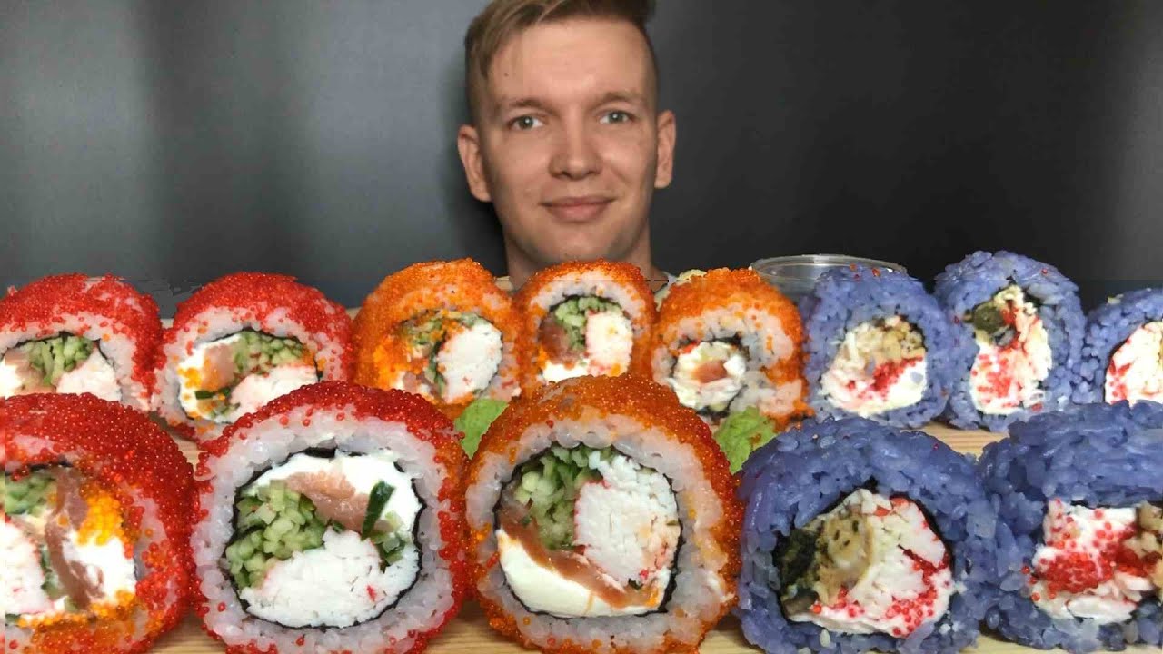 МУКБАНГ РОЛЛЫ И СУШИ| Калифорния маки🍣, Масл Маки(фиолетовые с мидиями)🍱😊