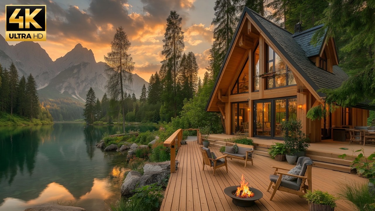 Tranquil Lake Morning Relaxation in 4K Ultra HD | Cozy Lakeside Cabin Firepit & Nature Sounds