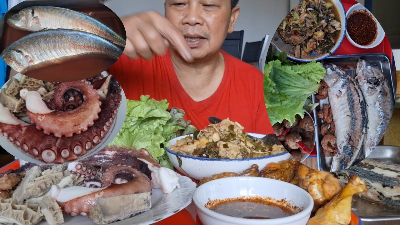 #ปลาทูนึ่งยักษ์หนวดปลาหมึกยักษ์อ่อมไก่ผักชีลาวทอดไก่ไส้กรอกอีสาน👉🔔💯🎉