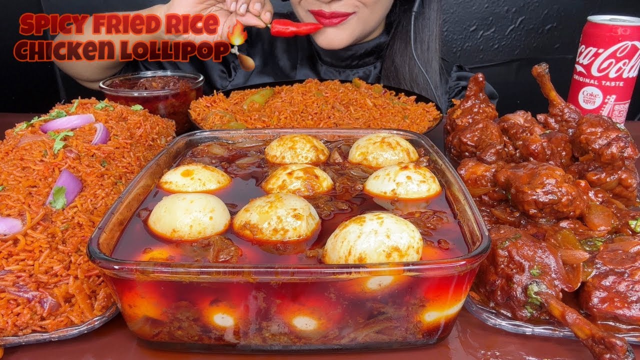 ASMR EATING BOILED EGGS IN SEAFOOD BOIL SAUCE,SCHEZHWAN FRIEDRICE,CHICKEN LOLLIPOP
