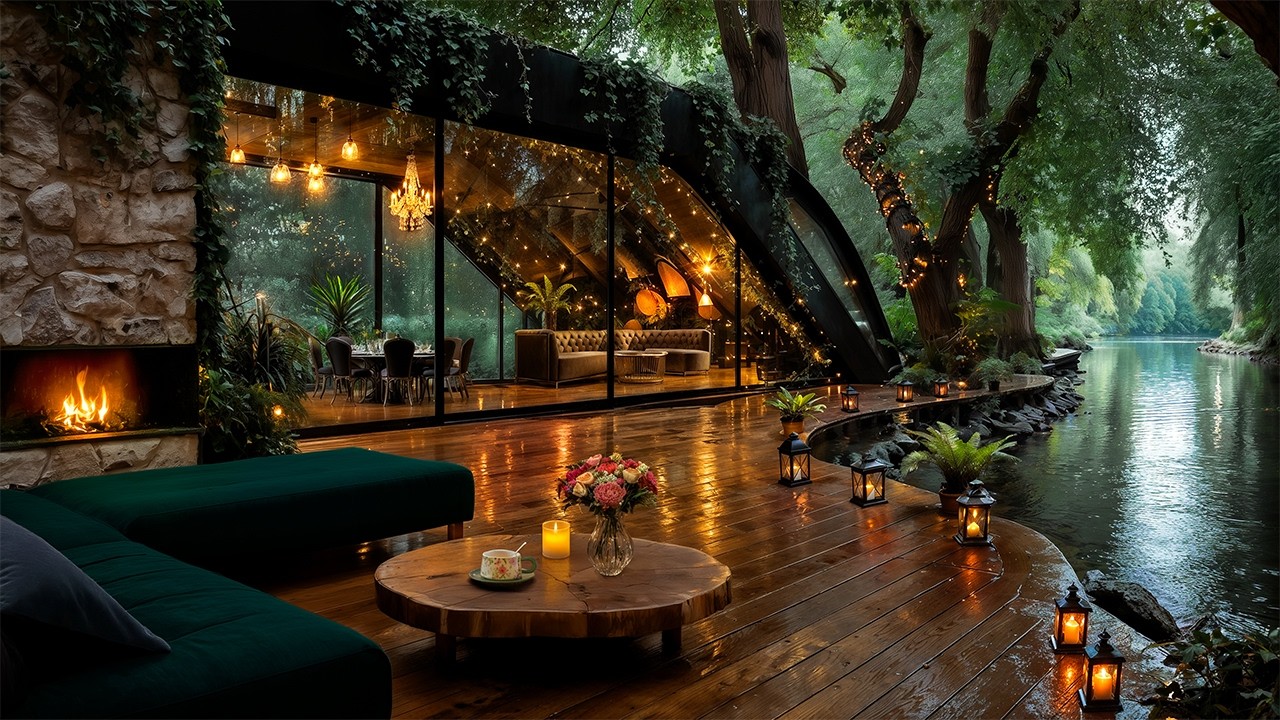 You’re Relaxing in a Rainy Glass Cabin by the River 🌧️ Soft Jazz & Cozy Fire Ambience