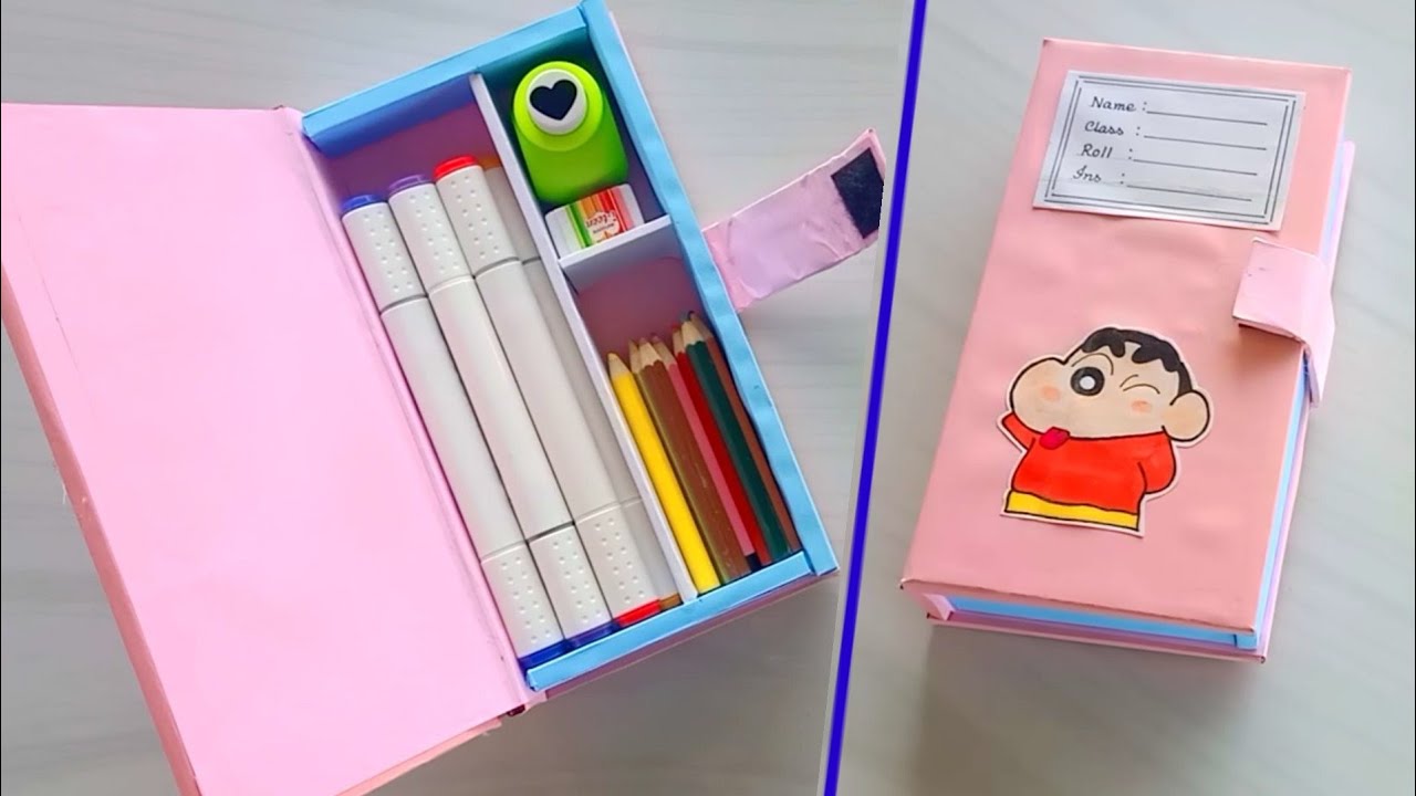 How to make a cardboard pencil box |DIY cardboard pencil box idea/Easy Origami box tutorial/shinchan