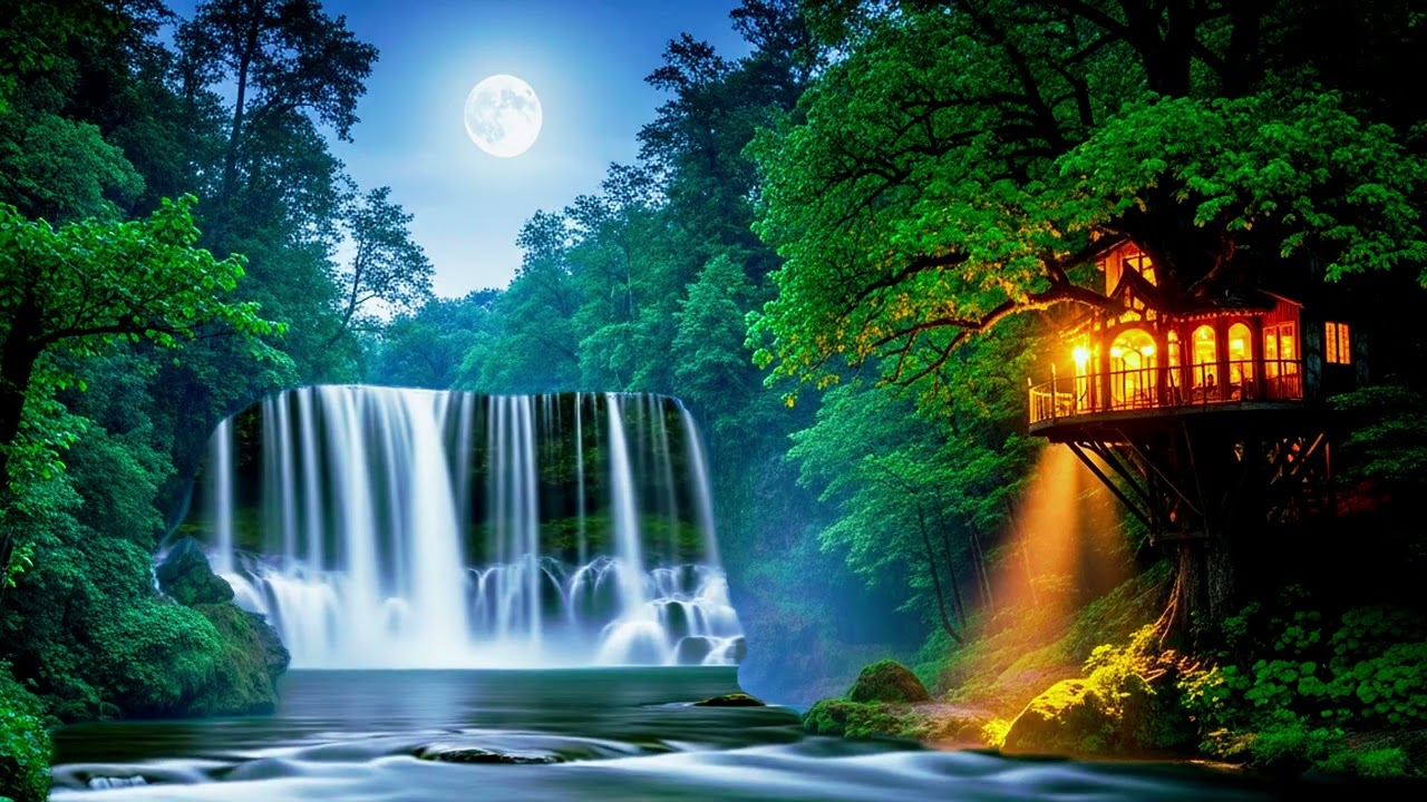 Moonlight Treehouse by the Waterfall &mdash; Relaxing Countryside Night Music for Sleep, Peace & Calm