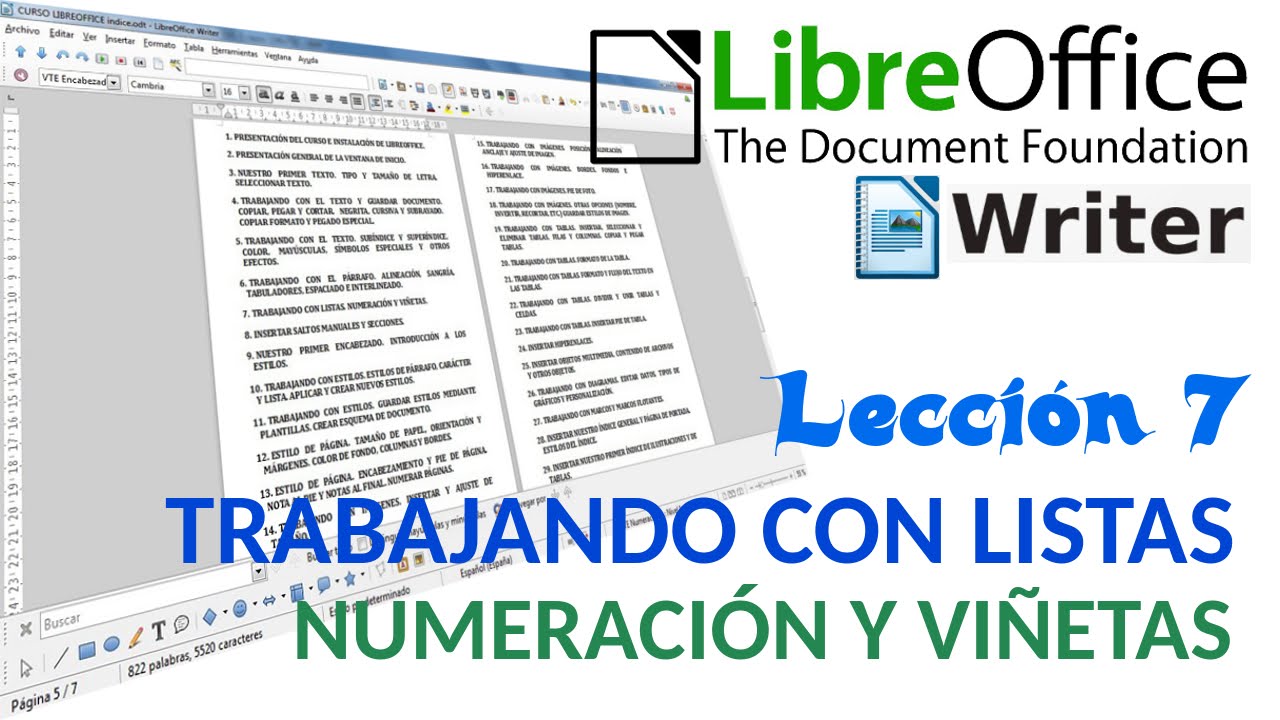 Tutorial LibreOffice Writer - 07/40 Trabajando con listas. Numeración y viñetas.