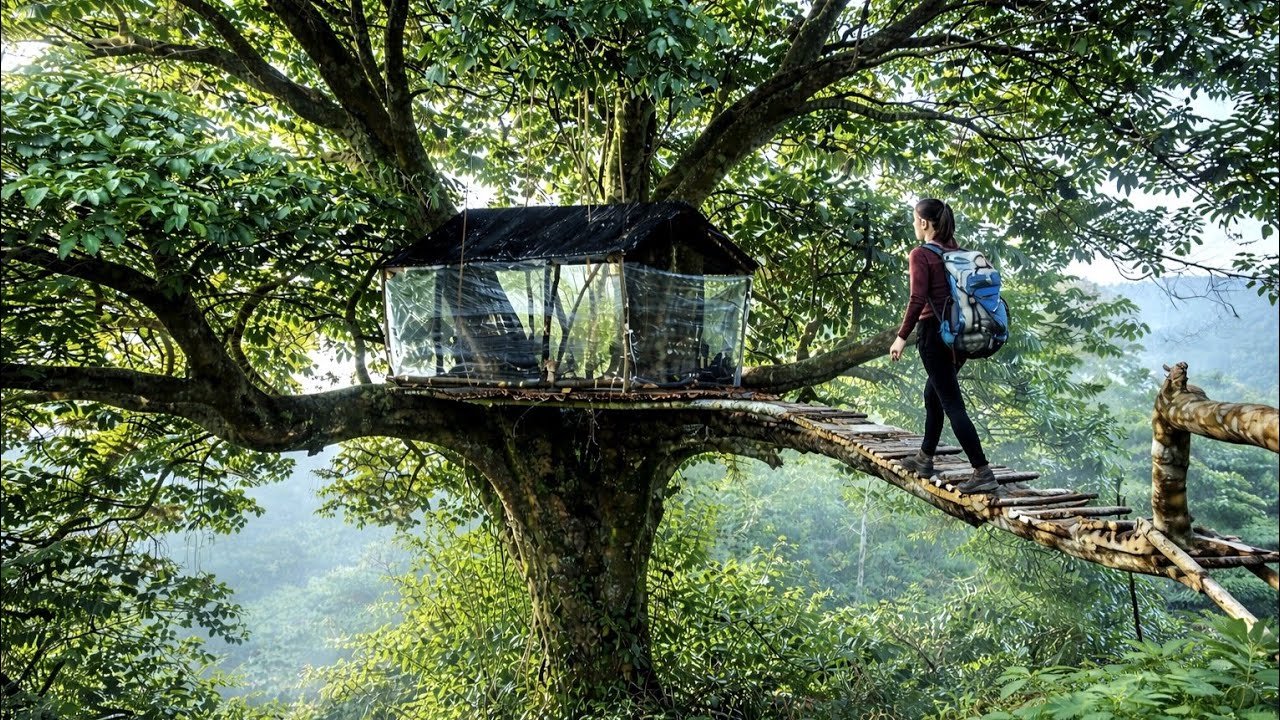 Building a tree shelter out of plastic wrap - 20 days of solo survival.