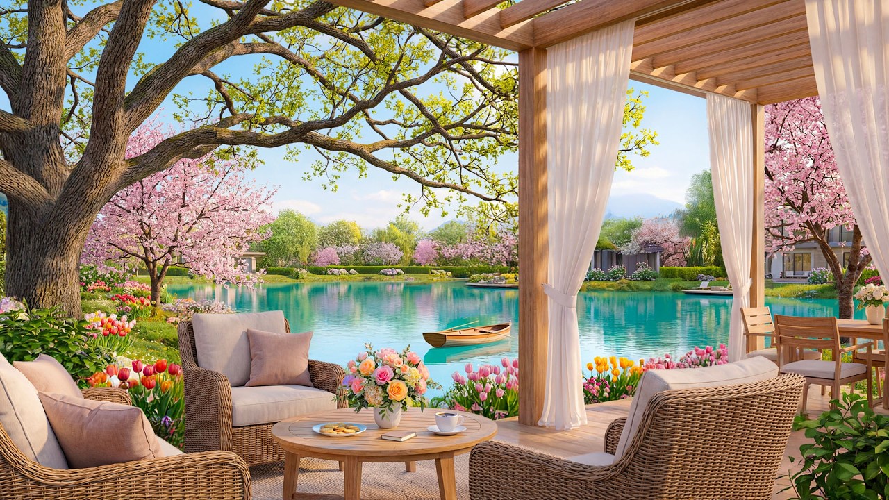 🌸 Spring Morning Caf&eacute; with Soft Jazz | Cherry Blossom Lakeside Coffee Vibes