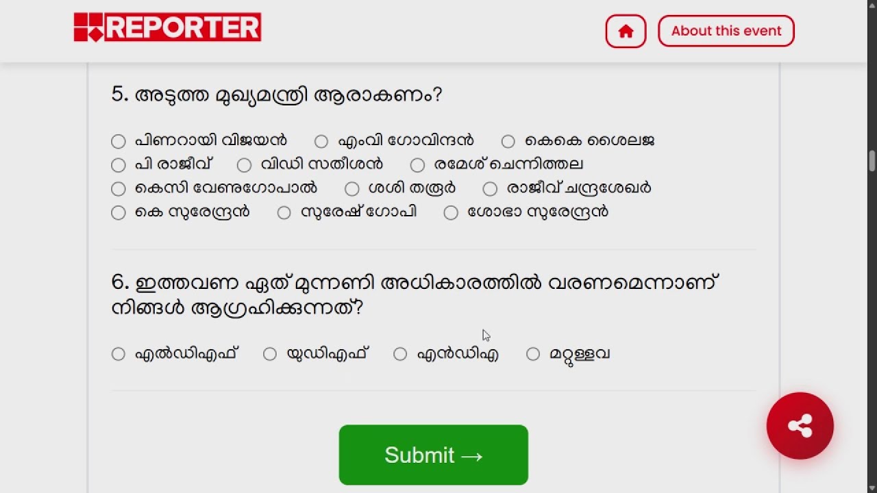 അടുത്ത മുഖ്യമന്ത്രി ആര്? റിപ്പോർട്ടർ ഇലക്ഷൻ സർവ്വേയിലെ ചോദ്യങ്ങൾ | REPORTER ONLINE ELECTION SURVEY