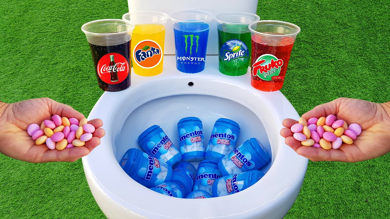 Experiment !! MENTOS vs Coca Cola, Monster, Fanta, Sprite, Fruko and Mentos in the toilet