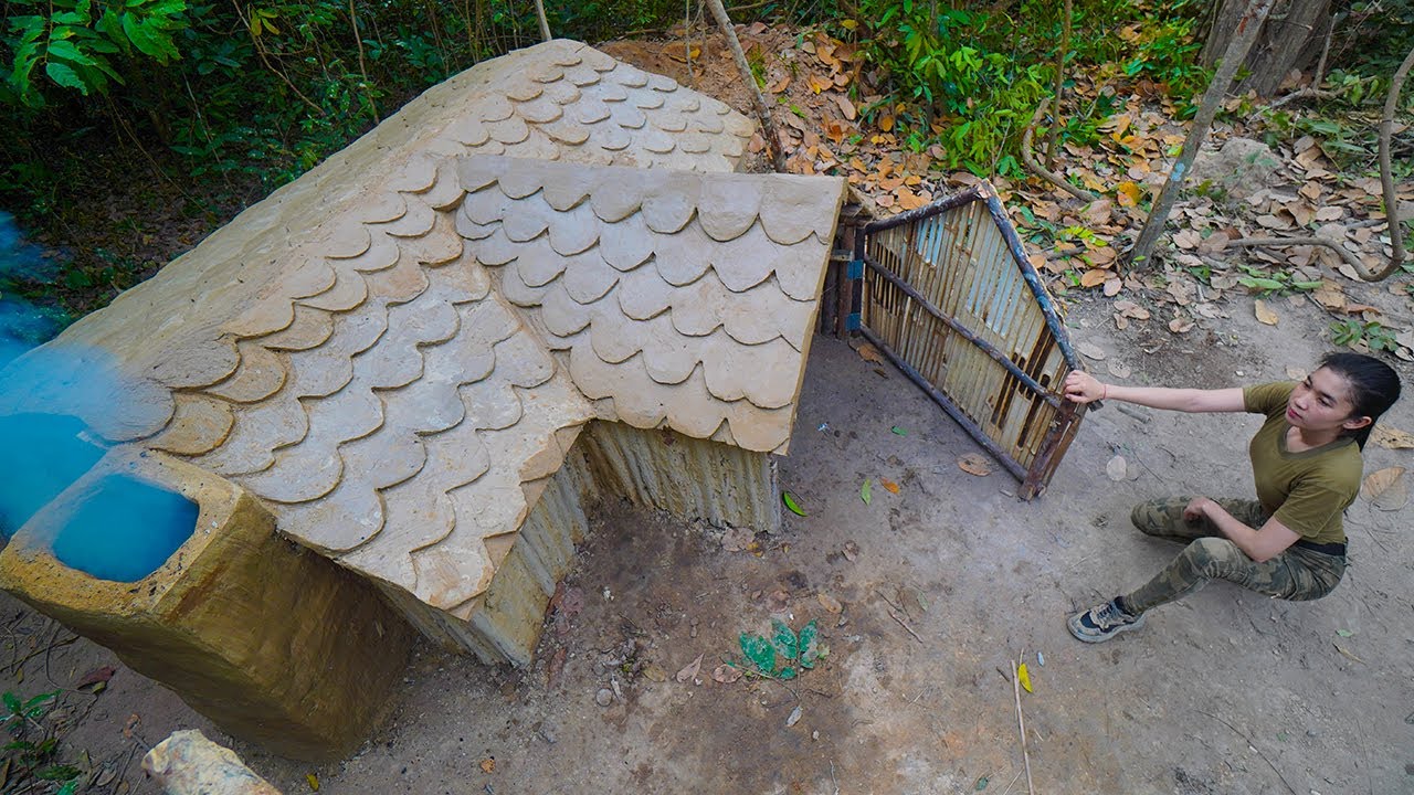 Update, Building complete and warm survival shelter | Bushcraft earth hut,  fireplace with clay