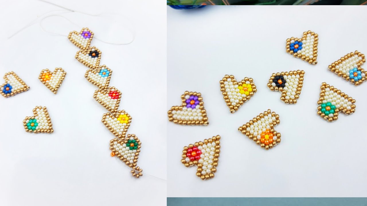 Tuğla tekniği minik çiçekli kalp yapımı. Bileklik-yüzük-küpe. Heart Bracelet Making Beading Tutorial