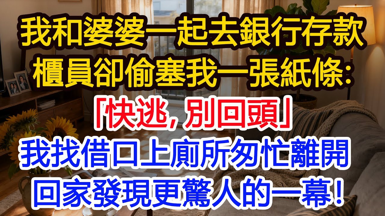 我和婆婆一起去銀行存款，櫃員卻偷塞我一張紙條：「快逃」。我嚇得找借口上廁所離開，回家發現更驚人的一幕！​#為人處世 #正能量 #故事分享 #生活經驗 #情感
