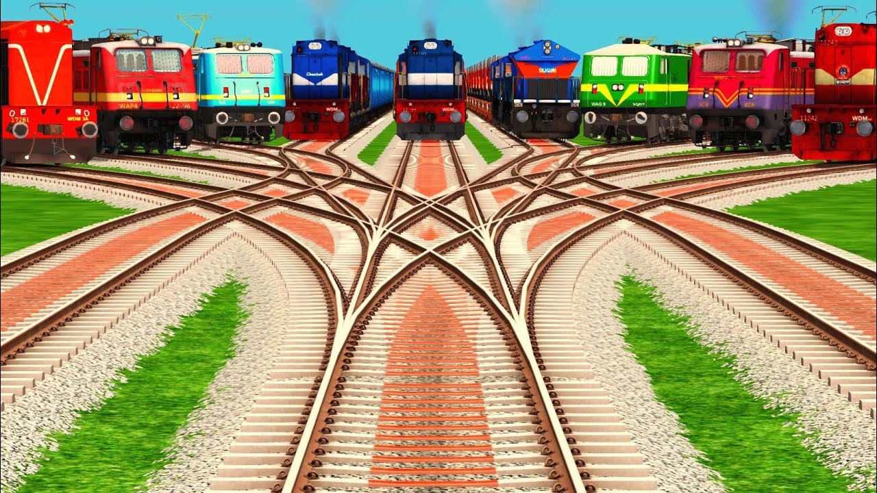 💹9 Train Crossing At Daimond Railroad Forked Tracks ll Branches X Crossing Railroad ll Indian Trains